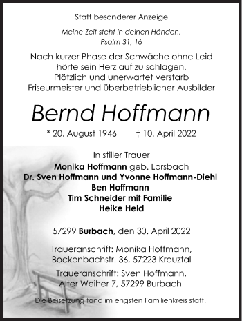 Traueranzeige von Bernd Hoffmann von Siegener Zeitung