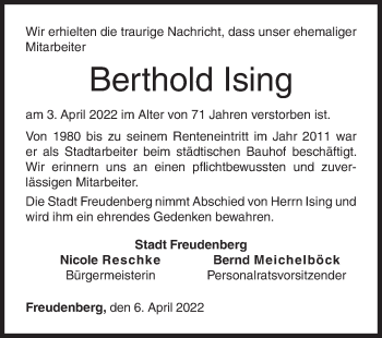 Traueranzeige von Berthold Ising von Siegener Zeitung