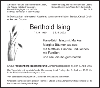 Traueranzeige von Berthold Ising von Siegener Zeitung