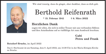 Traueranzeige von Berthold Reifenrath von Siegener Zeitung