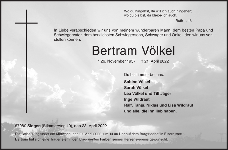  Traueranzeige für Bertram Völkel vom 23.04.2022 aus Siegener Zeitung