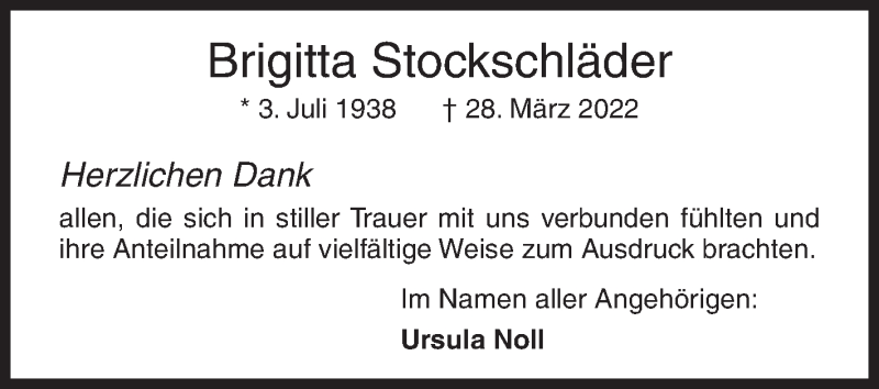  Traueranzeige für Brigitta Stockschläder vom 30.04.2022 aus Siegener Zeitung