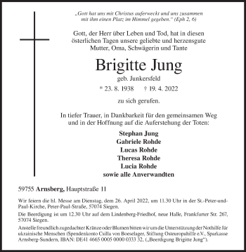 Traueranzeige von Brigitte Jung von Siegener Zeitung