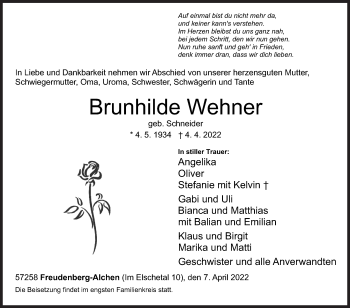 Traueranzeige von Brunhilde Wehner von Siegener Zeitung