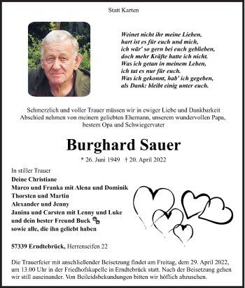 Traueranzeige von Burghard Sauer von Siegener Zeitung
