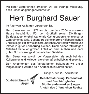Traueranzeige von Burghard Sauer von Siegener Zeitung