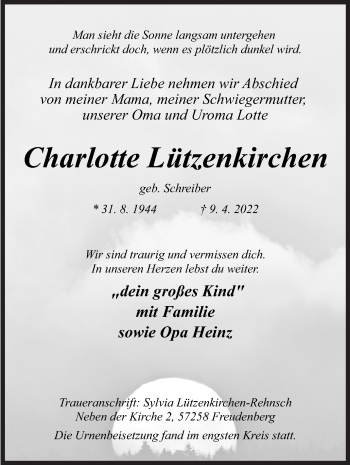 Traueranzeige von Charlotte Lützenkirchen von Siegener Zeitung