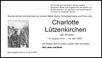 Traueranzeige von Charlotte Lützenkirchen von Siegener Zeitung