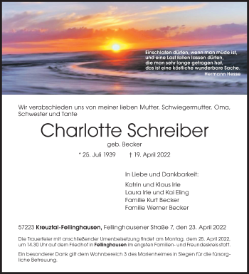 Traueranzeige von Charlotte Schreiber von Siegener Zeitung