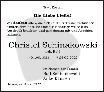 Traueranzeige von Christel Schinakowski von Siegener Zeitung