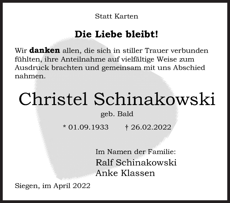  Traueranzeige für Christel Schinakowski vom 08.04.2022 aus Siegener Zeitung