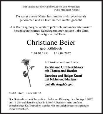 Traueranzeige von Christiane Beier von Siegener Zeitung