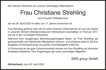 Traueranzeige von Christiane Strehling von Siegener Zeitung