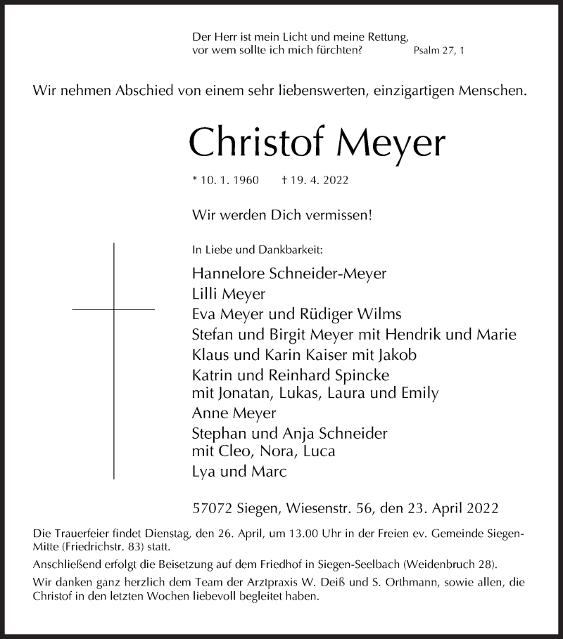  Traueranzeige für Christof Meyer vom 23.04.2022 aus Siegener Zeitung