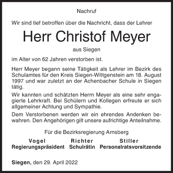 Traueranzeige von Christof Meyer von Siegener Zeitung