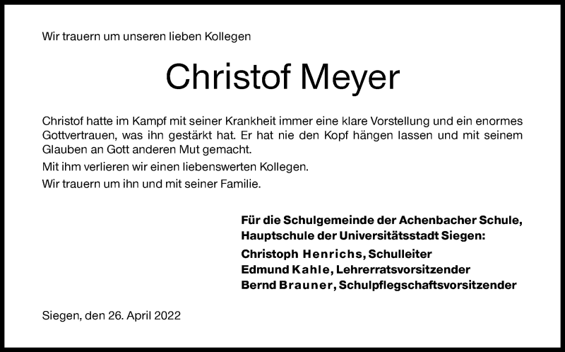  Traueranzeige für Christof Meyer vom 26.04.2022 aus Siegener Zeitung