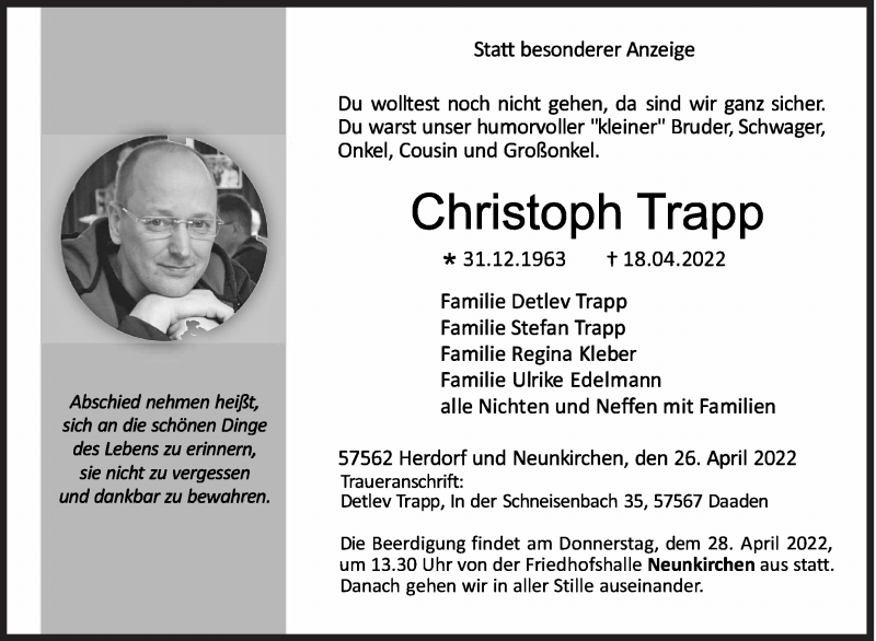  Traueranzeige für Christoph Trapp vom 26.04.2022 aus Siegener Zeitung