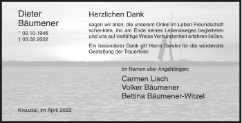 Traueranzeige von Dieter Bäumener von Siegener Zeitung