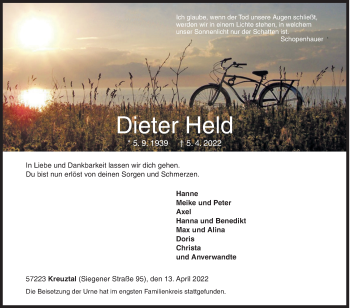 Traueranzeige von Dieter Held von Siegener Zeitung
