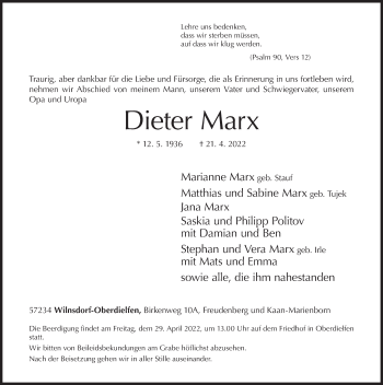Traueranzeige von Dieter Marx von Siegener Zeitung