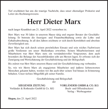 Traueranzeige von Dieter Marx von Siegener Zeitung
