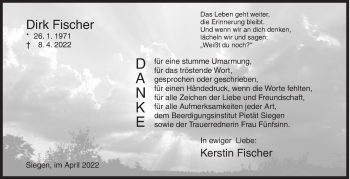 Traueranzeige von Dirk Fischer von Siegener Zeitung