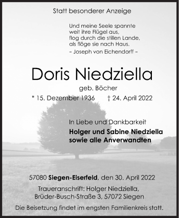 Traueranzeige von Doris Niedziella von Siegener Zeitung