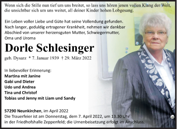 Traueranzeige von Dorle Schlesinger von Siegener Zeitung