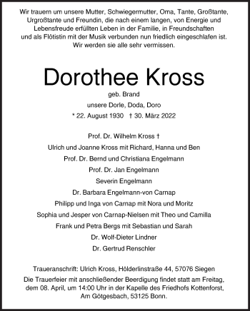 Traueranzeige von Dorothee Kross von Siegener Zeitung