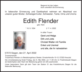 Traueranzeige von Edith Flender von Siegener Zeitung