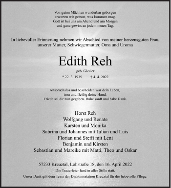 Traueranzeige von Edith Reh von Siegener Zeitung