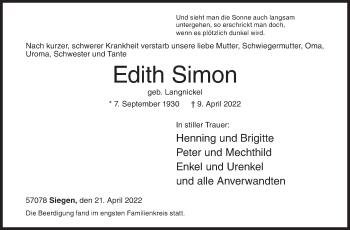 Traueranzeige von Edith Simon von Siegener Zeitung