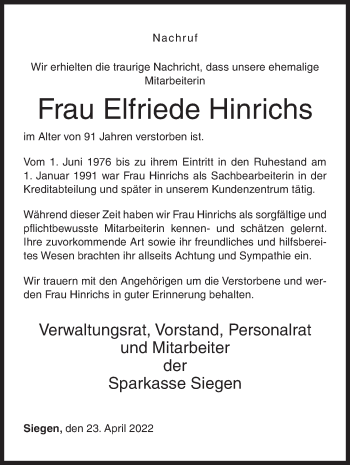 Traueranzeige von Elfriede Hinrichs von Siegener Zeitung