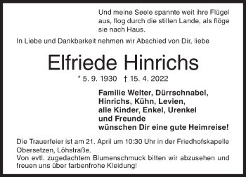Traueranzeige von Elfriede Hinrichs von Siegener Zeitung
