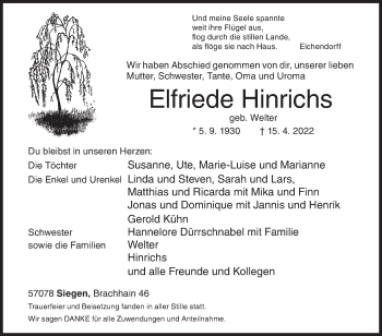 Traueranzeige von Elfriede Hinrichs von Siegener Zeitung