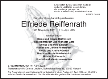 Traueranzeige von Elfriede Reiffenrath von Siegener Zeitung