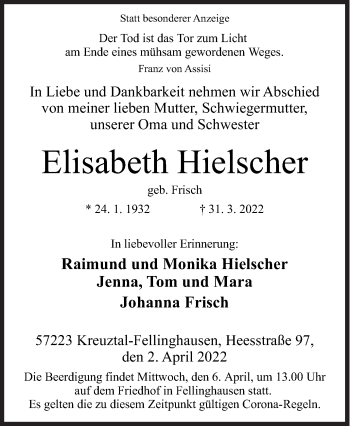 Traueranzeige von Elisabeth Hielscher von Siegener Zeitung