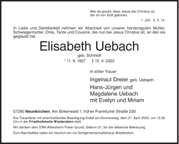 Traueranzeige von Elisabeth Uebach von Siegener Zeitung