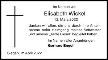 Traueranzeige von Elisabeth Wickel von Siegener Zeitung