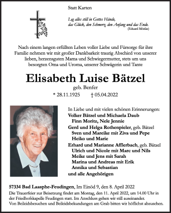 Traueranzeige von Elisabeth Luise Bätzel von Siegener Zeitung