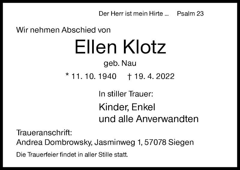  Traueranzeige für Ellen Klotz vom 25.04.2022 aus Siegener Zeitung