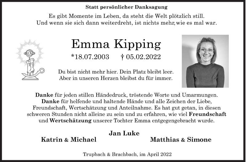  Traueranzeige für Emma Kipping vom 09.04.2022 aus Siegener Zeitung