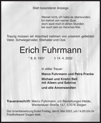 Traueranzeige von Erich Fuhrmann von Siegener Zeitung