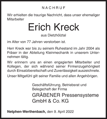 Traueranzeige von Erich Kreck von Siegener Zeitung