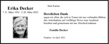 Traueranzeige von Erika Decker von Siegener Zeitung