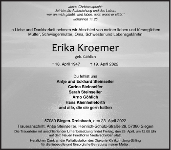 Traueranzeige von Erika Kroemer von Siegener Zeitung