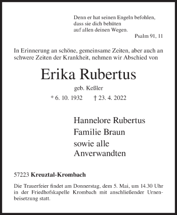 Traueranzeige von Erika Rubertus von Siegener Zeitung