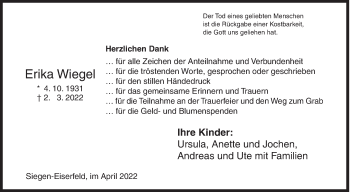 Traueranzeige von Erika Wiegel von Siegener Zeitung