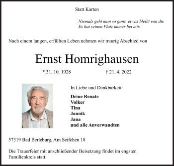 Traueranzeige von Ernst Homrighausen von Siegener Zeitung