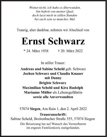 Traueranzeige von Ernst Schwarz von Siegener Zeitung